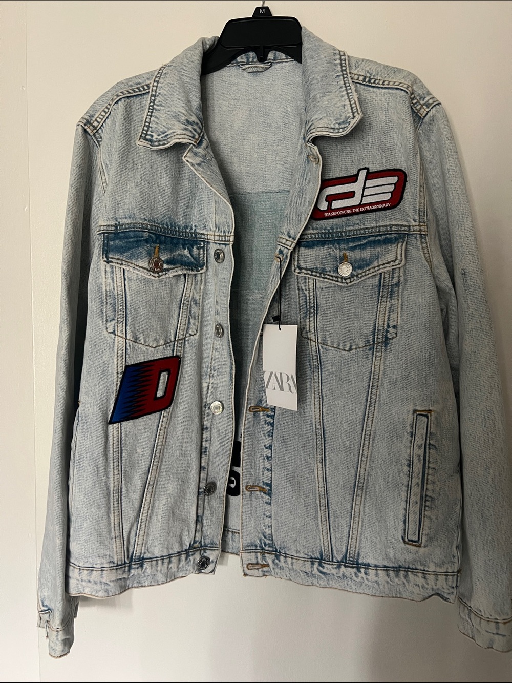 Zara Light Wash Denim Jacket with Red and Blue Racing Patches
